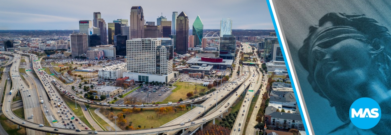 Dallas, Texas, skyline with surrounding roads.